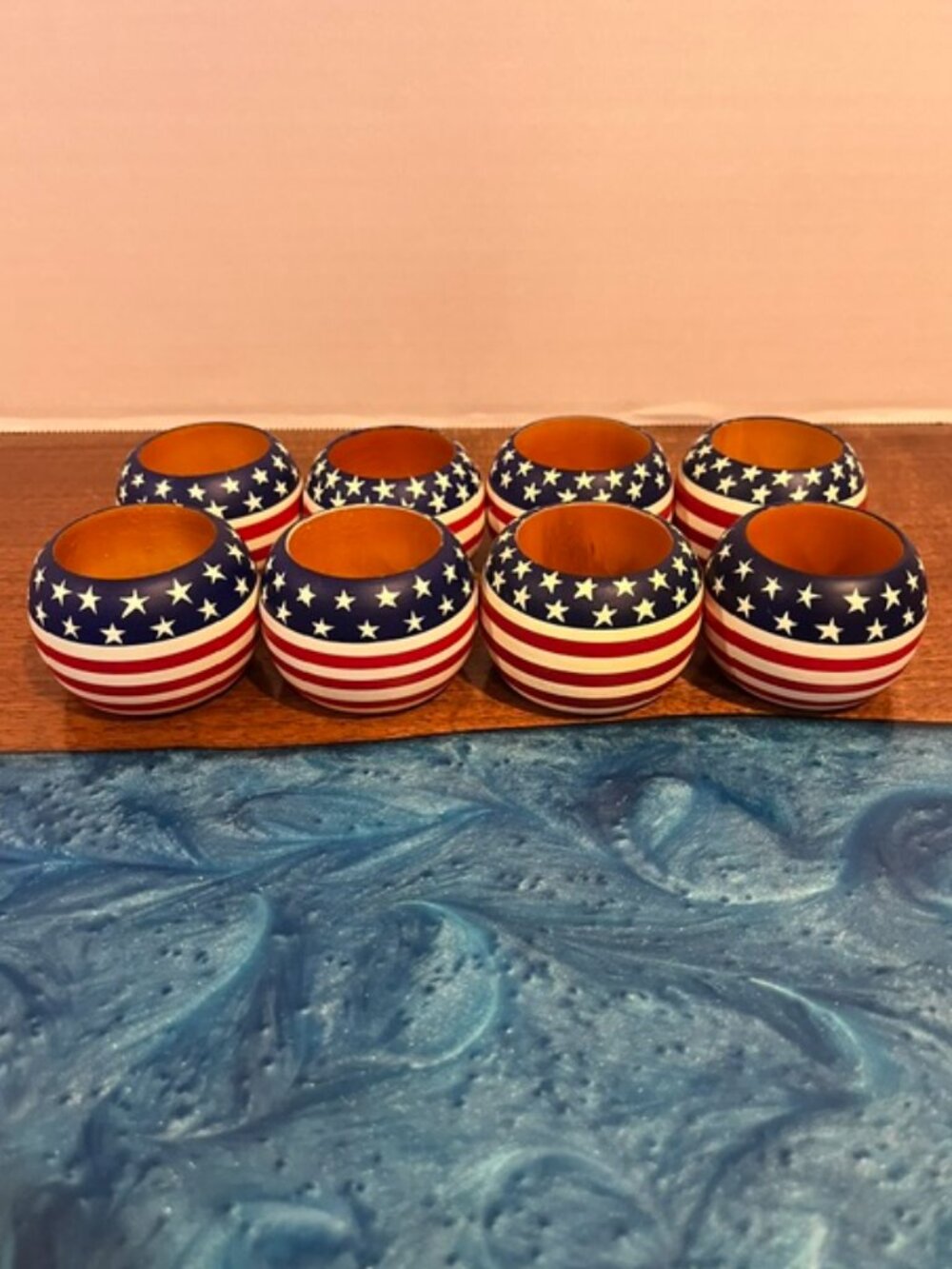 Set of 8 Patriotic Stars Stripes Wooden Napkin Rings